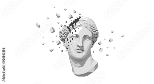 A white marble bust of a female figure is shattering into grey fragments and dark splatters on a clean white background.