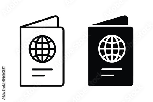 Passport Icons: Globe and Lines in Line Art and Solid Black for Travel