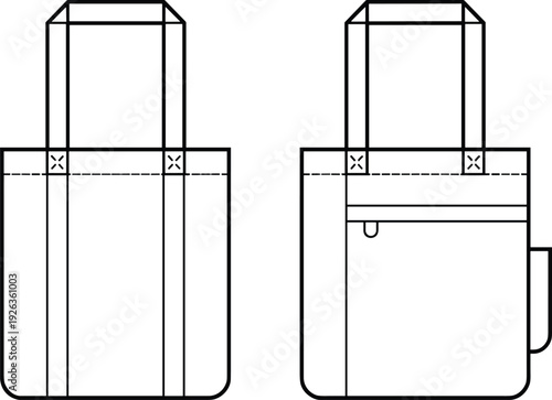 Flat vector CAD drawing of tall tote bag with side pocket, zipper back pocket, extended straps, clean technical sketch