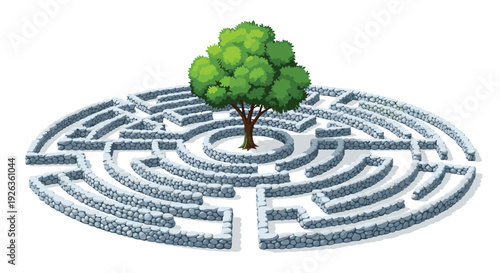 A complex circular maze with textured gray stone walls surrounds a lush green tree at its precise center, viewed from above.