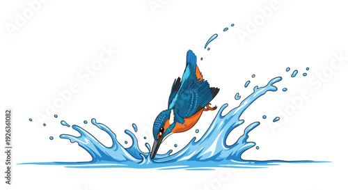 A detailed blue and orange kingfisher bird is vigorously diving into water, generating substantial blue splashes.