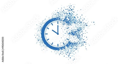 A bright blue analog clock with hands indicating ten o'clock is actively dissolving into a cloud of small blue particles on a pristine white backdrop.