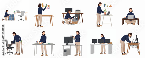 Minimalist Flat Style Office Worker Relocating And Doing Various Tasks Illustration Set