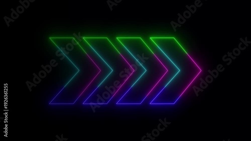 abstract Neon light sign Arrows Animation of magenta color light signal spreading with a black background. Glowing Neon Five Arrow Instruction Pointer. Alpha Channel Vivid.
