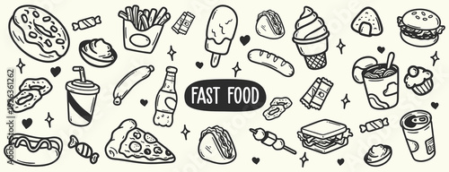 Hand drawn fast food doodle set with burger, pizza, hot dog, fries, soda, ice cream, and snacks. Black and white sketch style illustration for menu design, food packaging, restaurant branding, and del