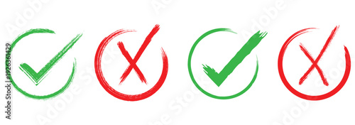 Check tick mark icon set. Cross box x check mark checkbox v list vector draw hand drawn sketch doodle brush marker checklist symbol wrong right circle. eps 10