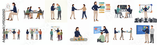 Flat Design Diverse Business People in Meeting and Presentation Illustration