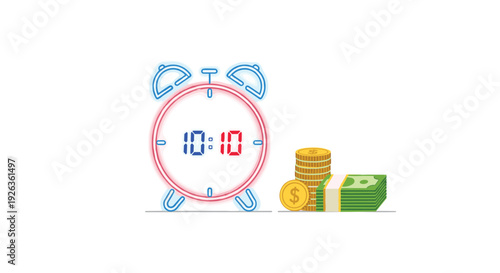 A neon-outlined alarm clock displaying 10:10 is illustrated next to a stack of gold coins and a bundle of banknotes.