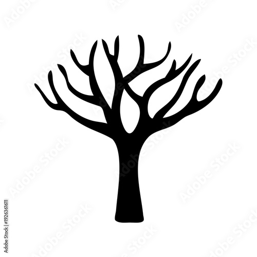 Silhouette of a leafless tree with branches reaching upwards in minimalist style