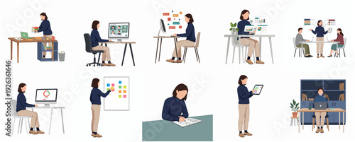 Flat Illustration of Woman in Different Workplace Scenes Working at Desk