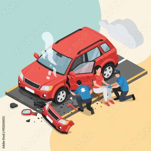 Car accident scene with paramedics assisting injured person.