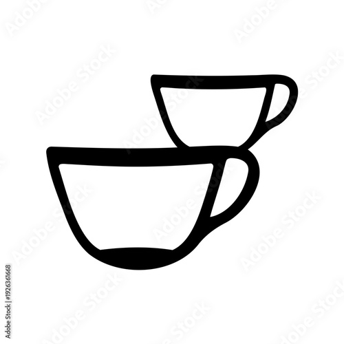 Whimsical hand drawn stack of teacups in black and white illustration