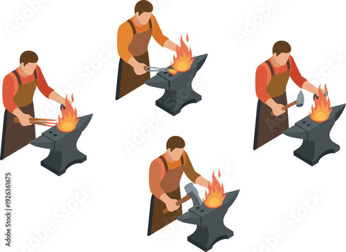 Blacksmith, forging, metal, anvil, hammer, fire, craftsman, workshop, industry, smith, tool, hot, steel, artisan, vector, illustration, manufacturing, labor, traditional, skill