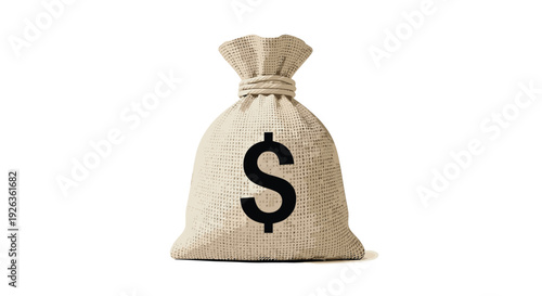 A tightly cinched beige money bag, featuring a prominent black dollar sign, is positioned centrally on a pristine white background.