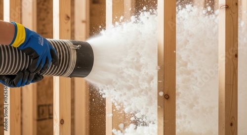Insulation contractor blowing loosefill cellulose insulation into wall cavity between wooden studs during home construction or renovation