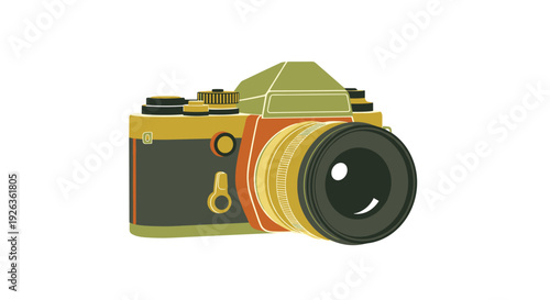 A retro-inspired film camera, featuring a unique olive green, burnt orange, and dark grey color scheme, is angled on a white backdrop.