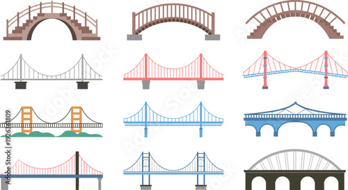 Bridge icons collection vector illustration, modern suspension arch pedestrian transport structures isolated infrastructure architecture design engineering landmark crossing set