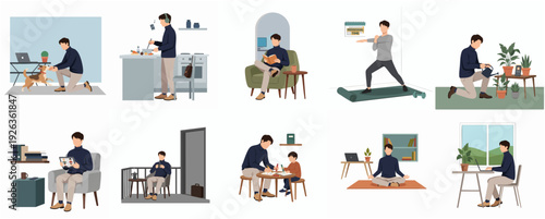 Minimalist Illustration Diverse Man Daily Life Activities at Home Lifestyle