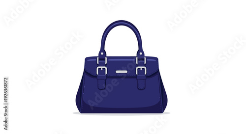 A stylish dark blue handbag with two elegant top handles and a front flap adorned with two silver buckles is showcased on a white surface.