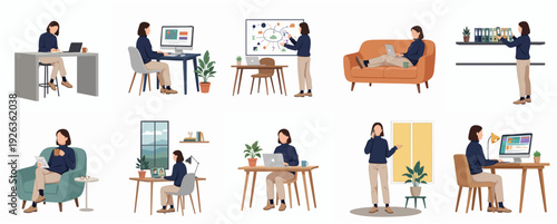 Diverse Flat Design Woman Working From Home Activity Illustration Set