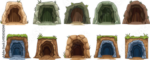 Cartoon cave entrance set illustration, rock tunnel openings collection, underground cavern design, fantasy nature stone shelter environment vector assets