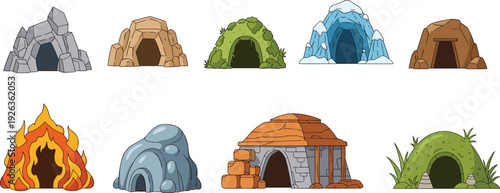 Cartoon cave entrances collection illustration, rock ice grass shelters prehistoric dwellings fantasy environment design, natural hideout vector elements set