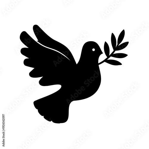 Silhouette of a dove in flight, holding an olive branch in its beak