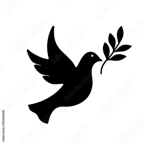 Iconic black silhouette of a dove holding an olive branch symbolizing peace