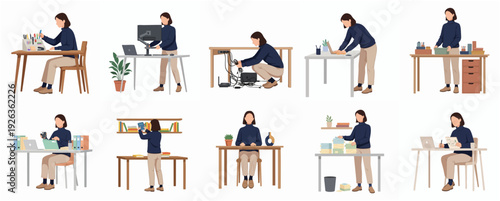 Flat Design Woman Doing Activity at Desk and Table Illustration Set