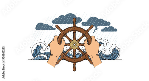 A pair of human hands firmly grasp a rustic brown ship's wheel against a backdrop of stormy clouds and turbulent ocean waves.