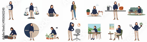 Flat Graphic Design Woman in Diverse Activities Lifestyle Character Set Illustration