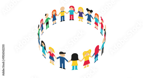 Twenty stylized human figures, depicted as children with distinct hairstyles and colorful clothing, hold hands in a complete ring.
