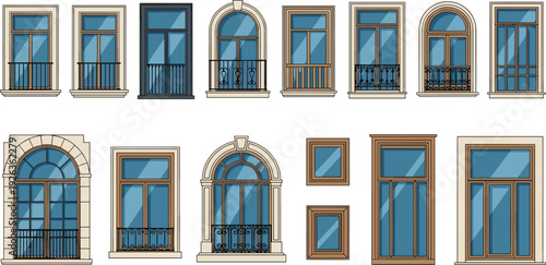 Classic architectural window illustration set, vintage balcony frames collection isolated, elegant exterior facade design elements for residential building style