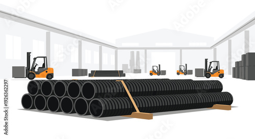 Large stacks of dark gray corrugated pipes are arranged in the foreground of a spacious warehouse with three orange forklifts.