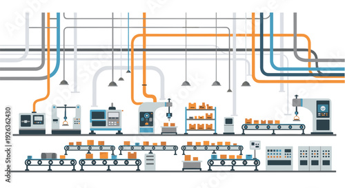 An automated factory production line with conveyor belts and various industrial machines processes cardboard boxes on two distinct levels.