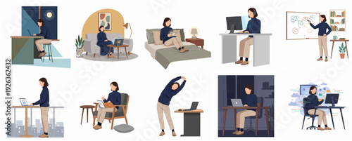 Minimalist Flat Illustration of Woman Working at Home in Various Poses