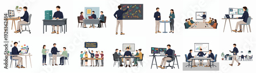 Flat Style Detailed People in Office Business Meeting and Learning Set