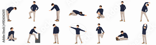 Collection of Flat Illustration Man Stretching Poses in Various Exercise Positions