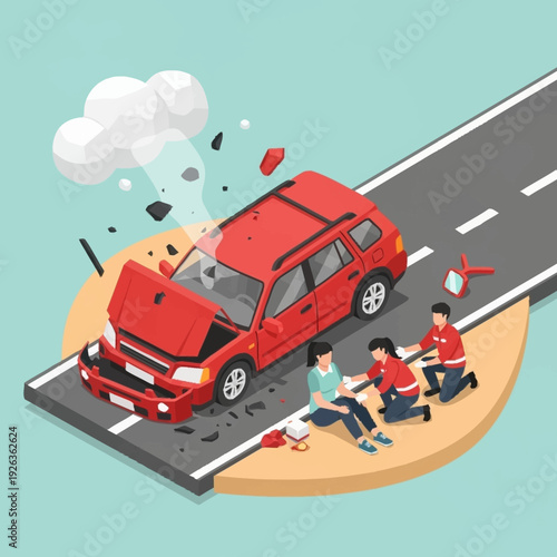 Isometric illustration of a red car crash on a road with people helping the driver.