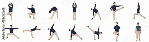 Set of Modern Casual Man Practicing Different Asanas Yoga Poses