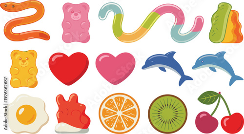 Colorful gummy candy icons collection vector illustration, jelly sweets bears hearts fruit shapes dessert snack isolated playful confectionery design