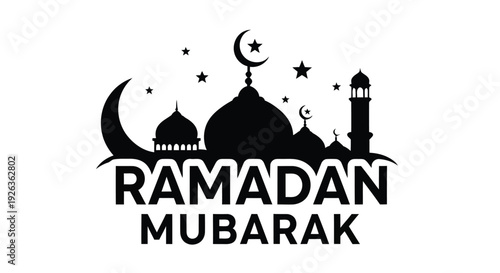 Ramadan mubarak greeting with crescent moon mosque and stars on white background