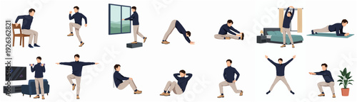Flat Illustration of Man Doing Home Workout Exercises in Various Positions