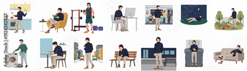 Flat Illustration Set of Man in Different Daily Life Activities Lifestyle