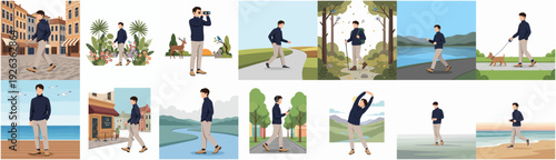 Flat Illustration Man Walking in Different Outdoor Scenery for Activity