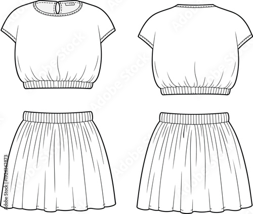 Flat vector CAD drawing of women’s cropped top and pleated skirt set with short sleeves, elastic hem and waistband design