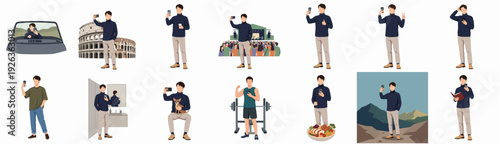 Simple Flat Illustration of Man Taking Selfie in Various Scenarios Set