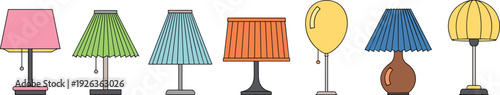 Colorful, table, lamps, collection, decorative, lighting, modern, vintage, interior, home, illumination, cartoon, illustration, isolated, design, furniture, electric, stylish, set, decor