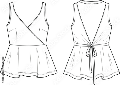 Flat vector CAD drawing of women’s sleeveless peplum top, front and back view, wrap style, tie back, technical fashion sketch