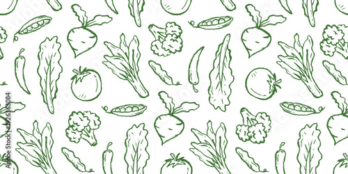 Vegetables doodle background. Fresh vegetable pattern background. Rough sketch vegetable seamless pattern for packaging. Hand drawn pattern elements of tomato, broccoli, pea, radish and more.